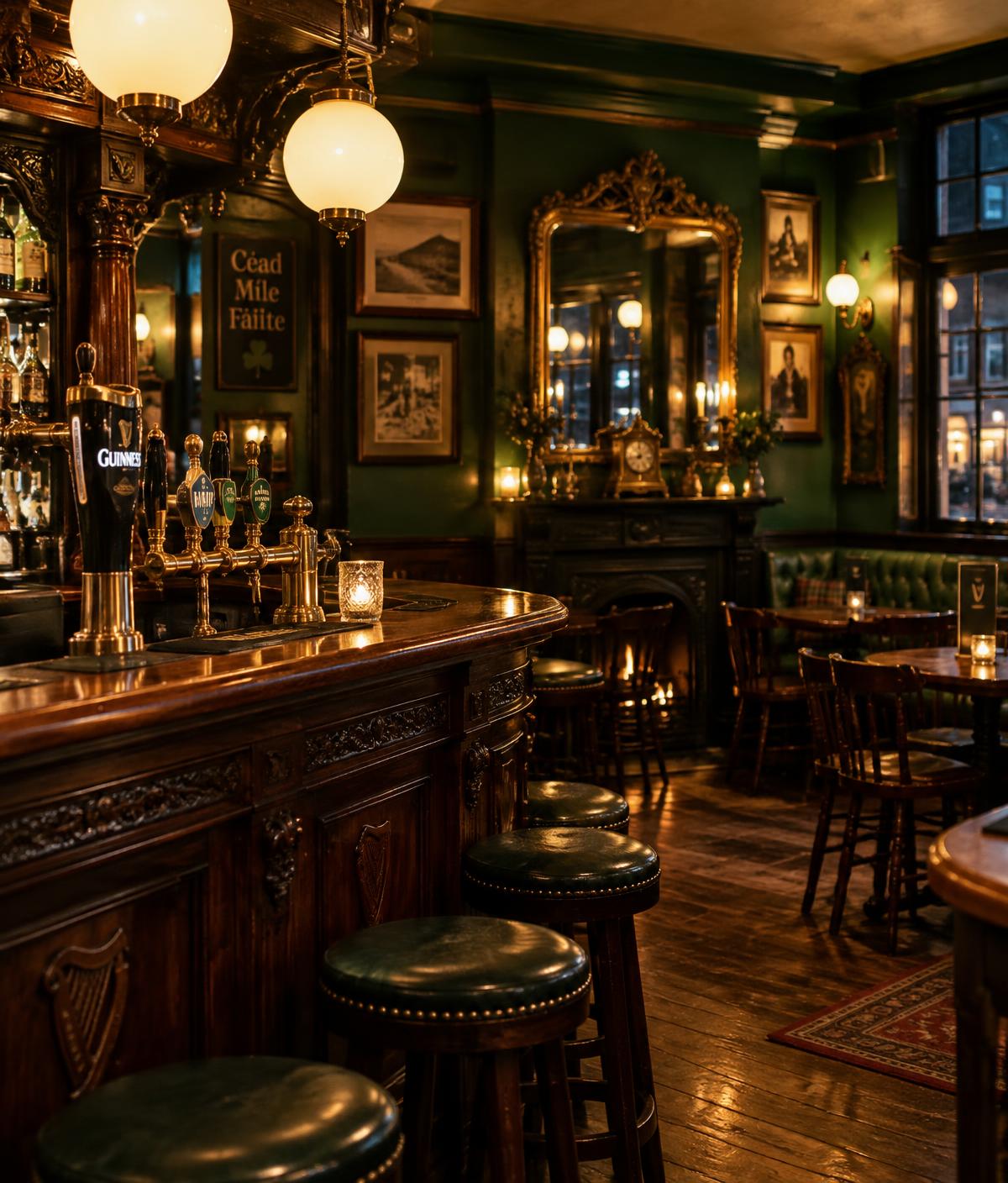Carved timber bar with brass taps, globe lamps and gilded mirrors