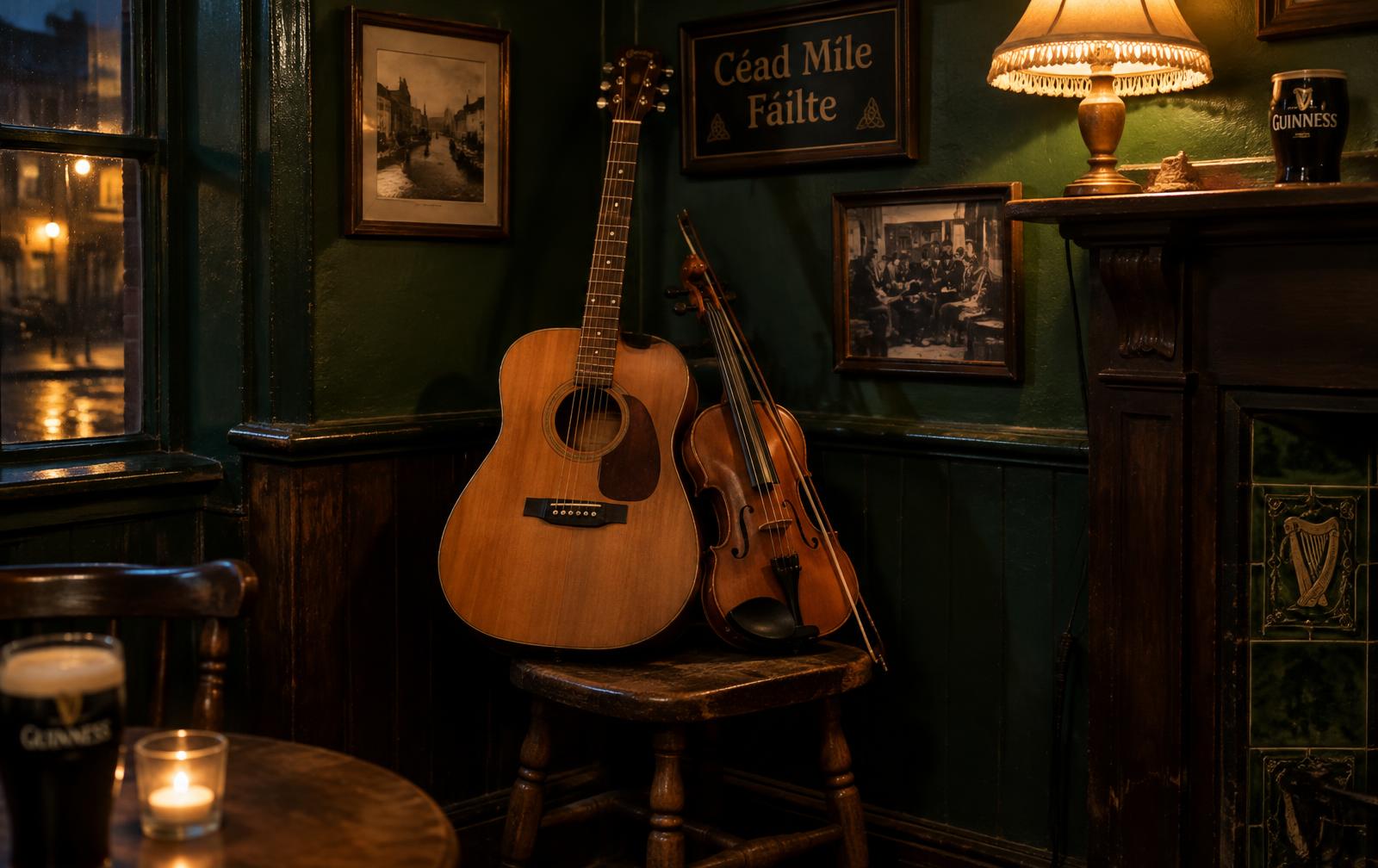 A guitar and fiddle resting in the corner of the bar