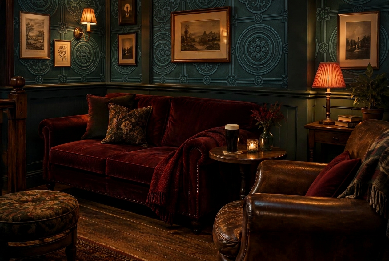 Artist's impression of a corner of the upstairs lounge: a burgundy sofa, a leather armchair and a small timber table under warm lamps